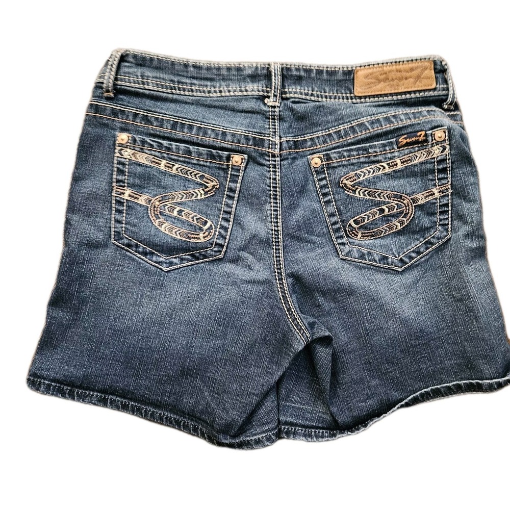 Seven7 Denim Shorts Womens 6 Blue Dark Wash Embroidered Back Pocket Stretch